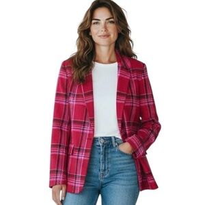 NWT Nine West Plaid Pink Red Women's Blazer wool blend